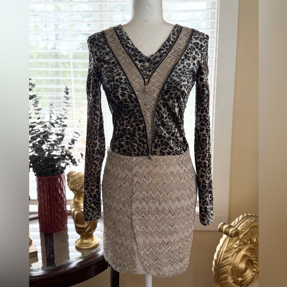 Leopard-Print and Cream Tweed Midi Dress with Zip Detail